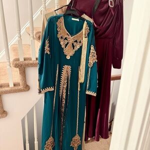 Abaya dress Elegant Teal and Gold Embroidered Dress